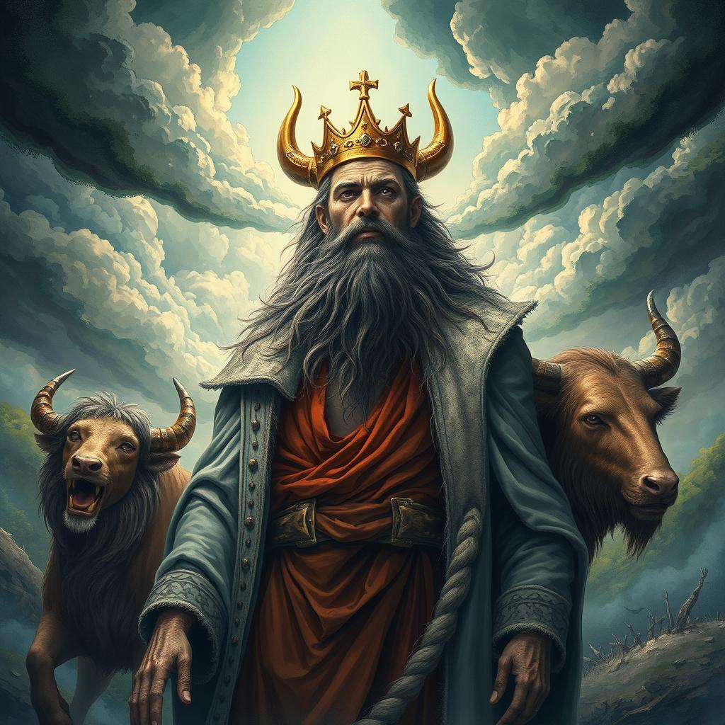 A surreal and imaginative illustration depicting the scene of the biblical king who transforms into an animal