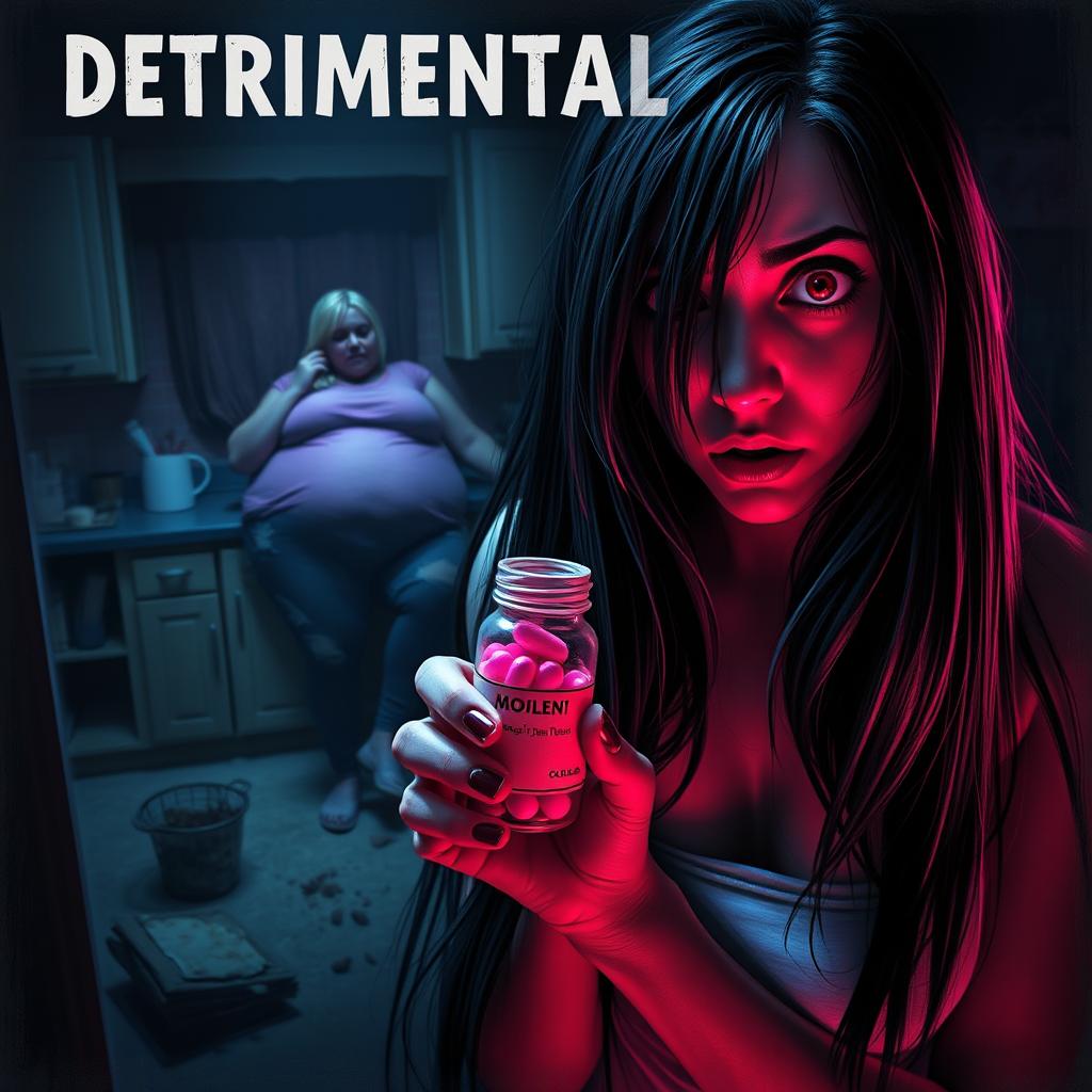 A chilling horror movie scene for 'DETRIMENTAL DIET', featuring a dark and atmospheric setting