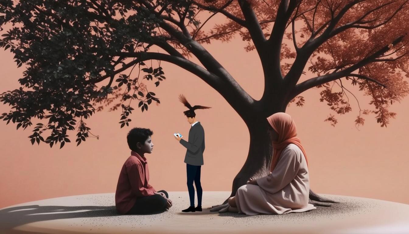 A serene silhouette scene featuring a mother and child, set beneath a large, vibrant tree