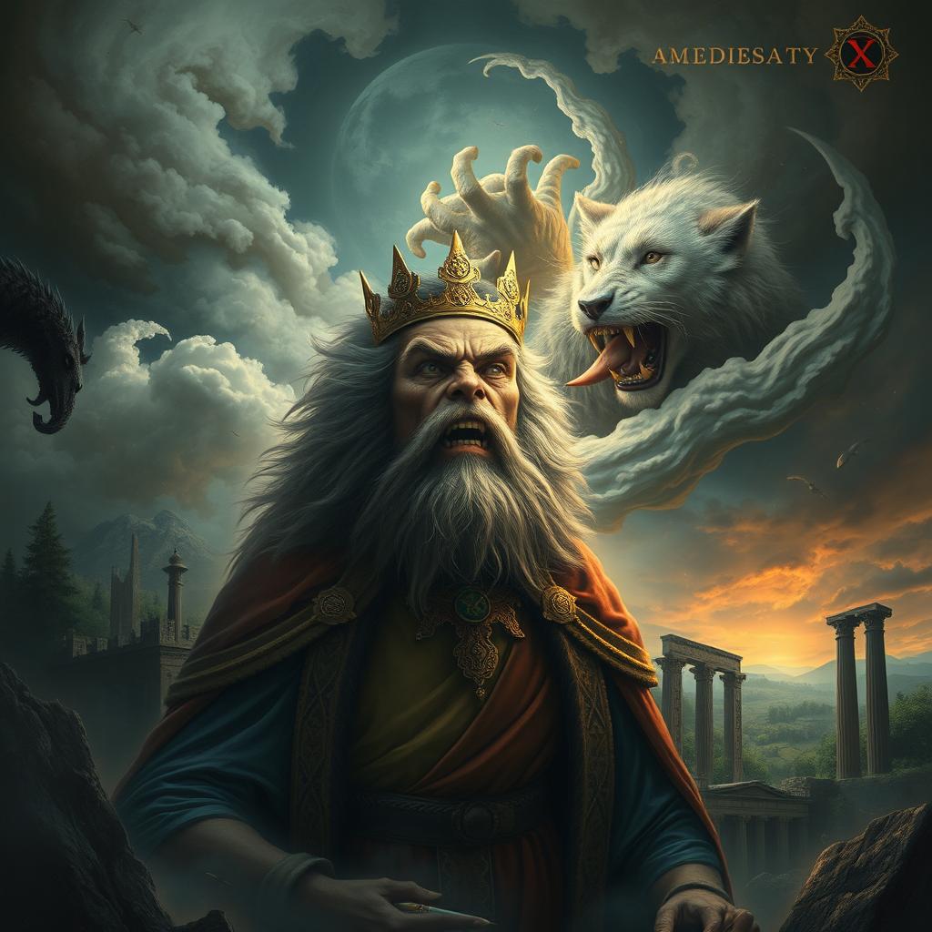 A captivating and surreal scene illustrating the dramatic story of a powerful king who loses his mind and transforms into an animal