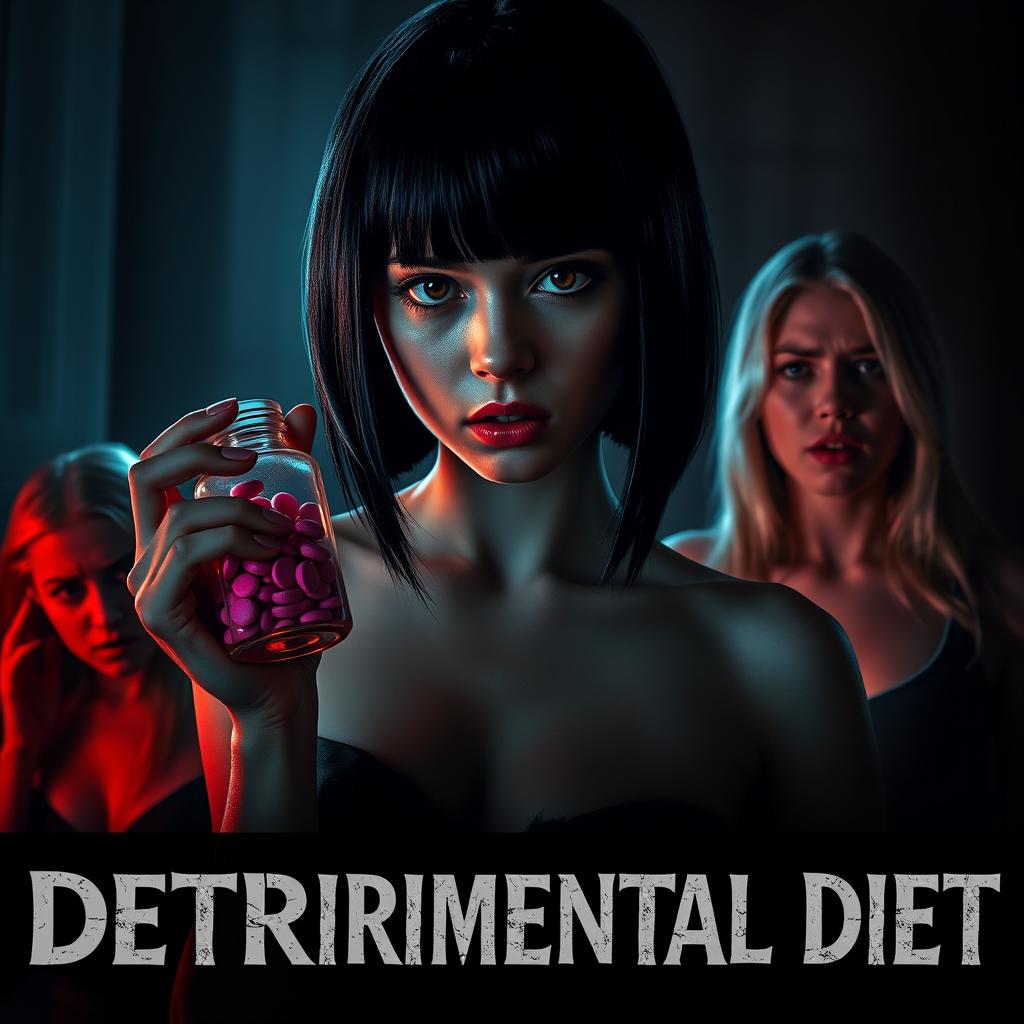 A horror movie scene for 'DETRIMENTAL DIET', showcasing a short girl with sleek black hair, exuding both charm and a sinister obsession