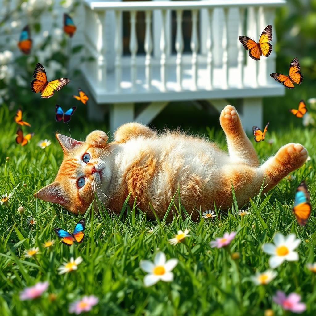 An adorable ginger tabby cat with large blue eyes and a big belly, lying on its back and sunbathing on a lush green meadow