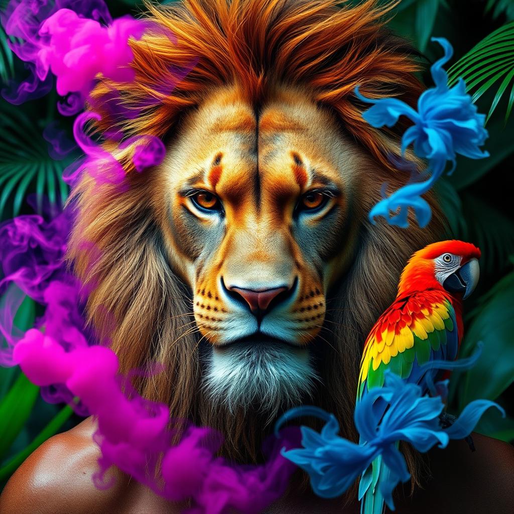 A captivating photo montage of a man whose face is half human and half lion, intricately blending the two features