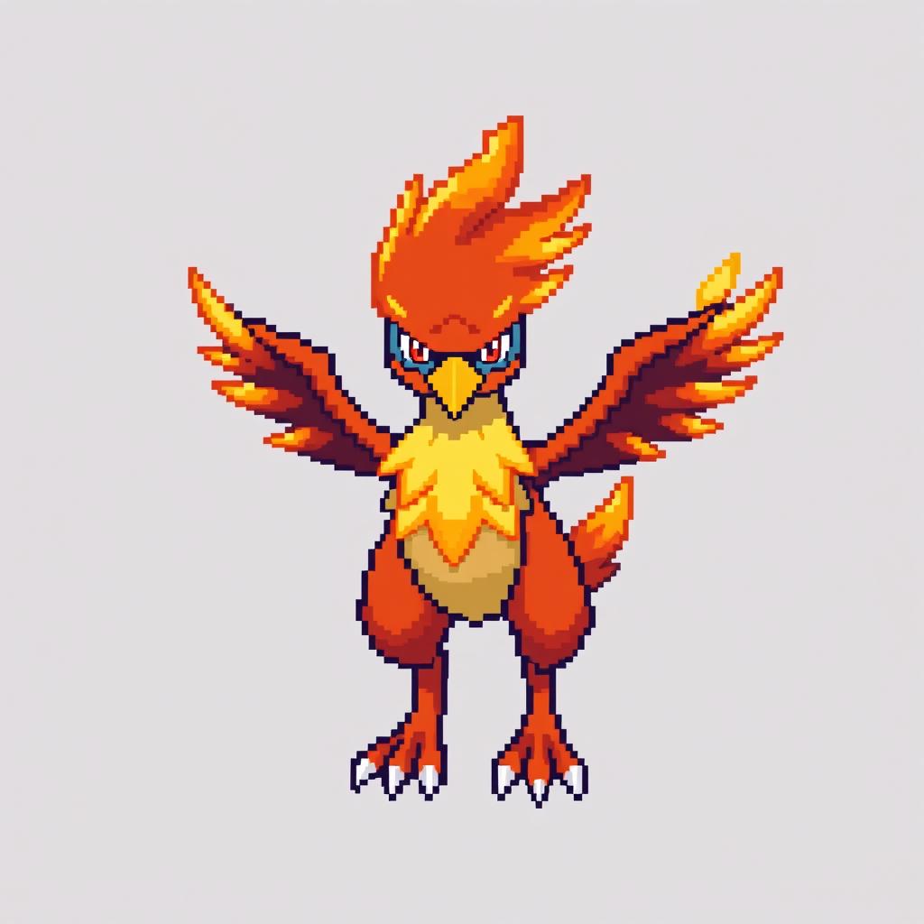 A fire-type Pokémon in its first evolutionary stage, inspired by a golden eagle, depicted in pixel art style