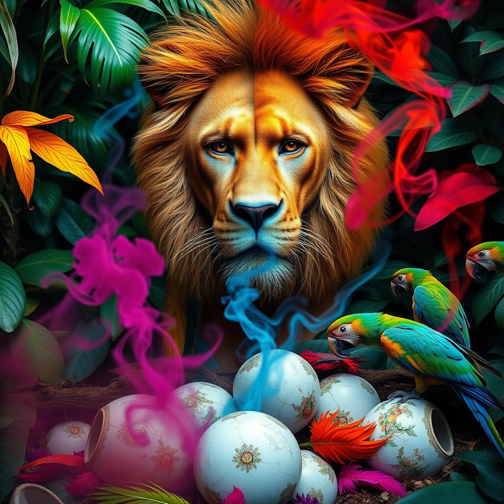 A photomontage of a man with one half of his face resembling a human and the other half resembling a lion, artistically merged together