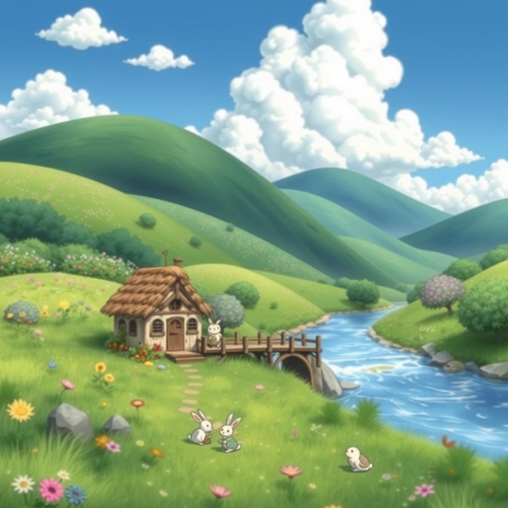 A vibrant, whimsical landscape in the style of Studio Ghibli, featuring lush, rolling hills adorned with blooming flowers and a serene blue sky dotted with fluffy white clouds