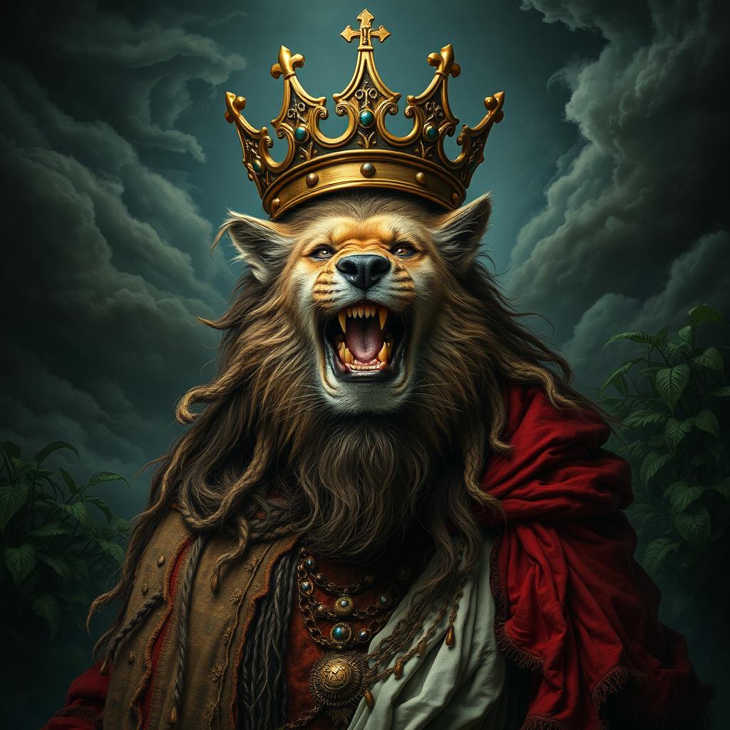 An imaginative portrayal of a powerful king who has lost his mind and transformed into an animal