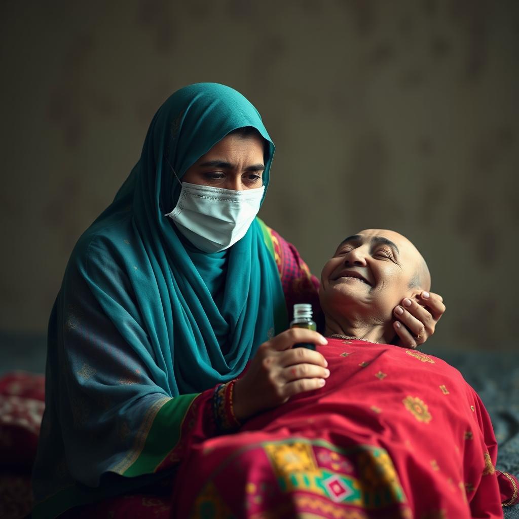 An image of a Middle Eastern middle-aged woman, looking younger than her age, sitting beside her own headless body