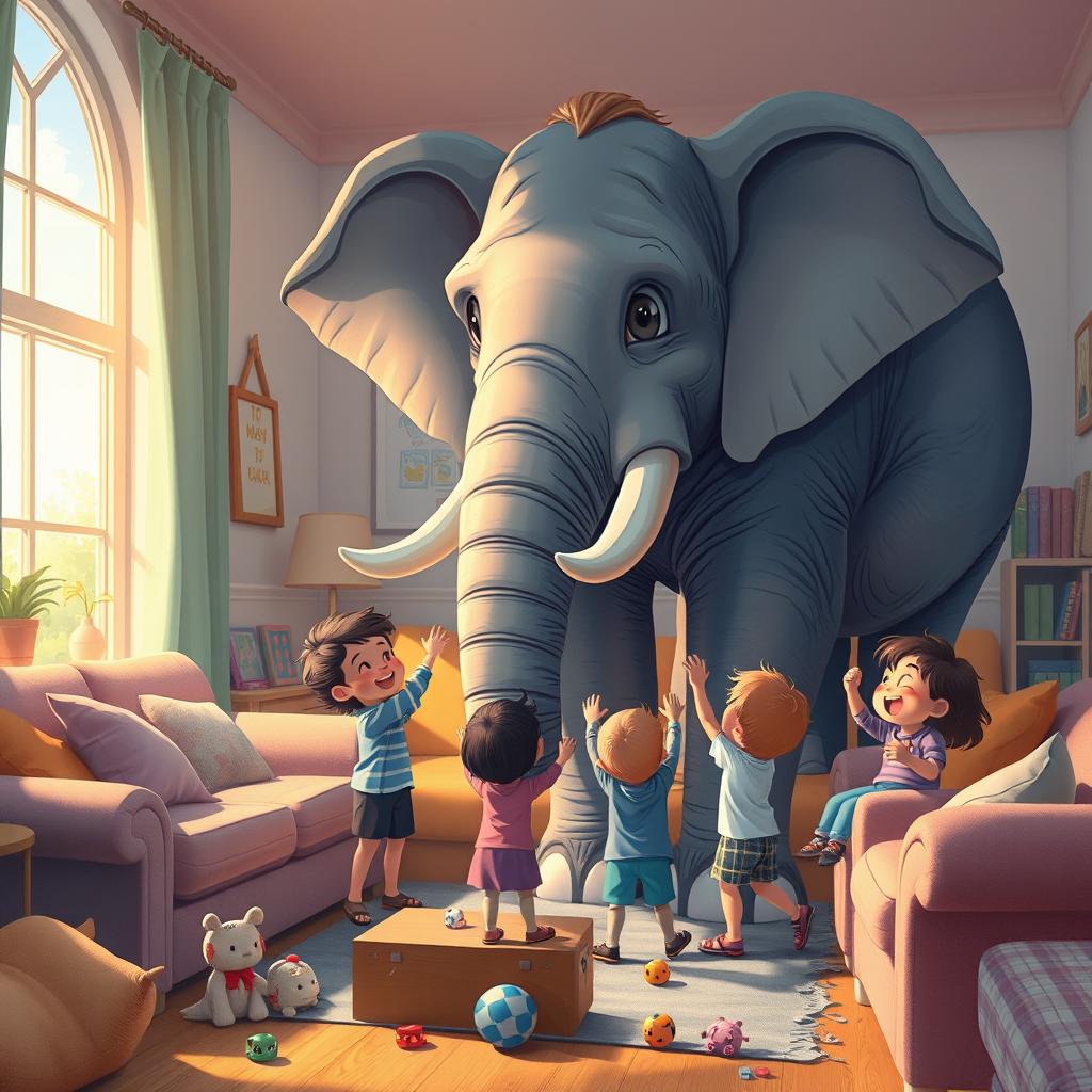 A surreal illustration of a large elephant inside a cozy living room, surrounded by playful children who are happily engaging with the gentle giant