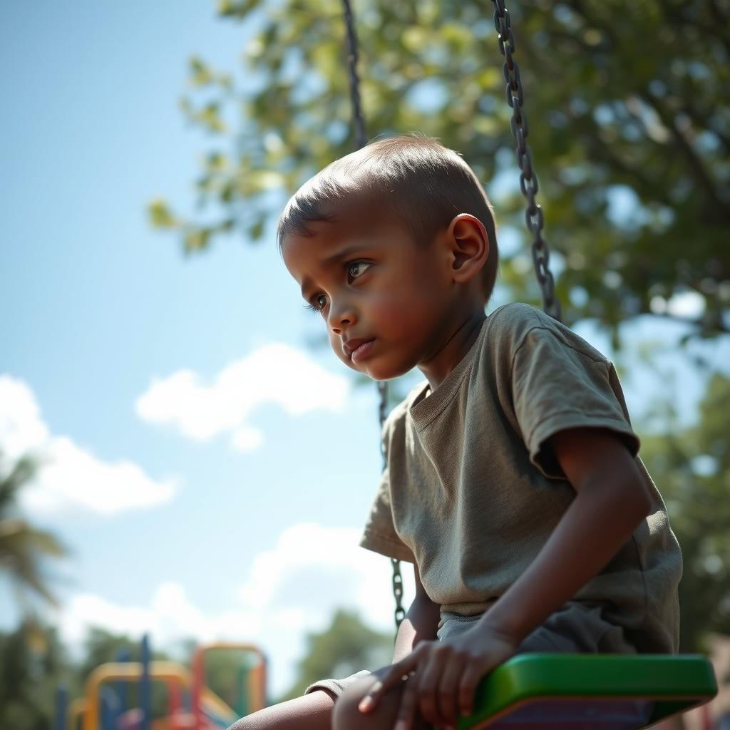 A sensitive portrayal of a weak and skinny child sitting on a playground swing, looking contemplative