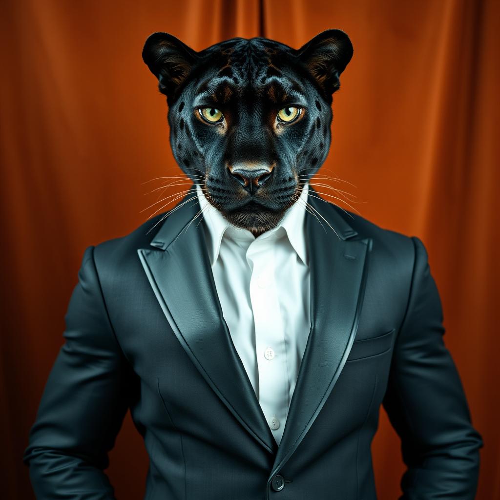 A majestic black panther dressed in a stylish, fitted suit, standing on a luxurious velvet backdrop