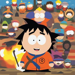 This is a high-quality digital art piece depicting Goku from Dragonball Z as a South Park character