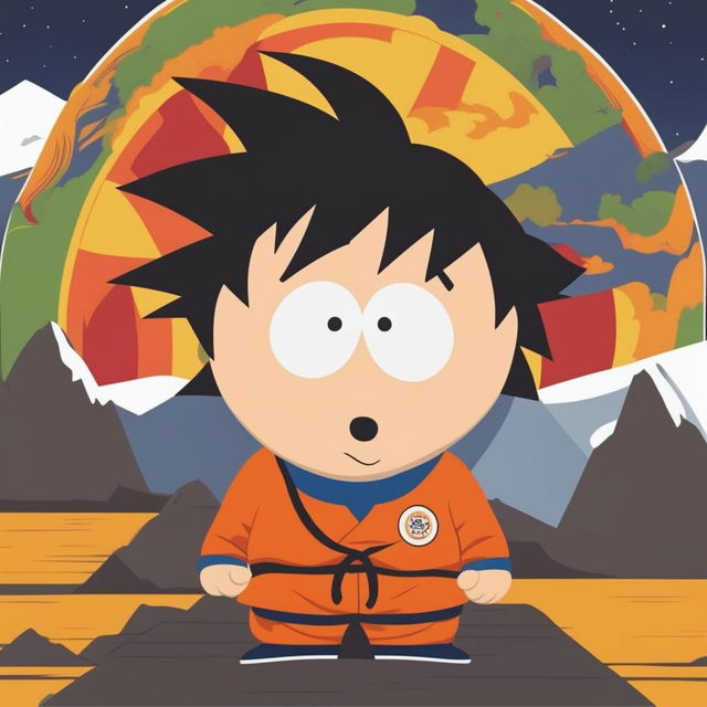 This is a high-quality digital art piece depicting Goku from Dragonball Z as a South Park character