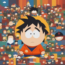 This is a high-quality digital art piece depicting Goku from Dragonball Z as a South Park character