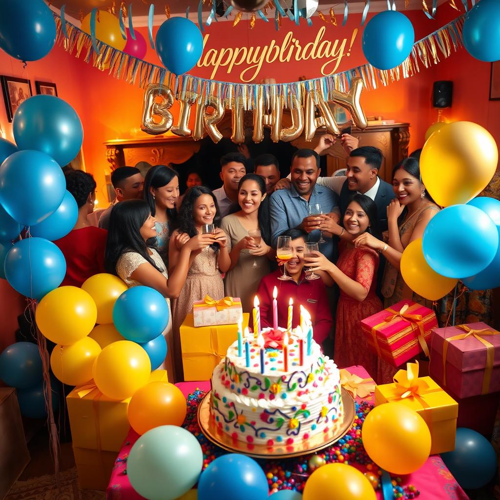 A vibrant birthday celebration scene featuring a colorful birthday cake with candles arranged on a beautifully decorated table, surrounded by balloons in various shades of blue and gold