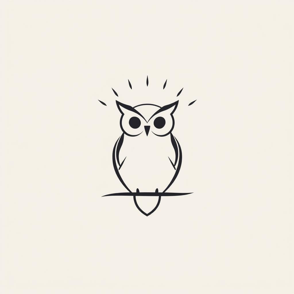 A minimalist logo design featuring an elegant owl and a stylized sun