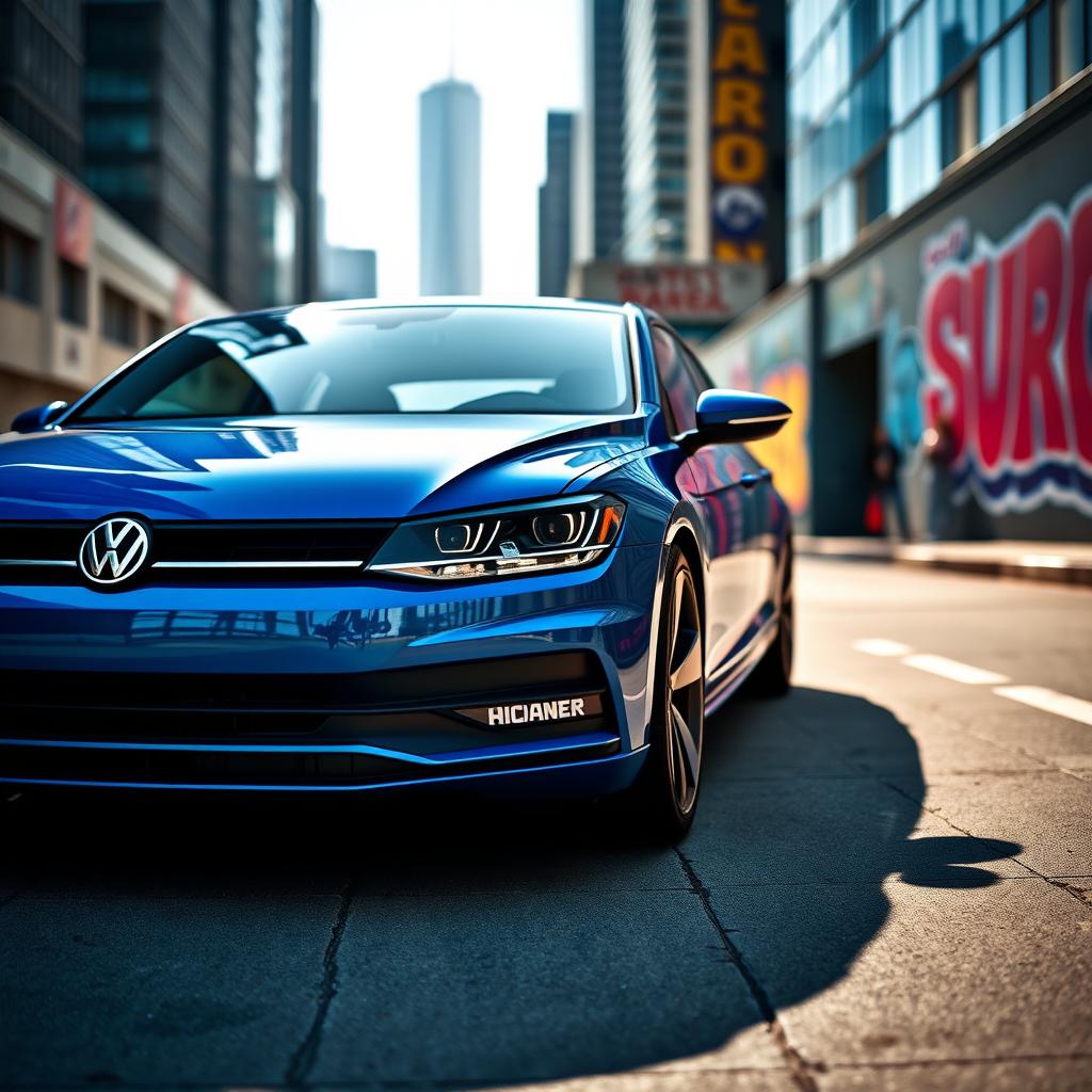 A striking blue Volkswagen Bora parked in an urban environment, showcasing its sleek design and stylish curves