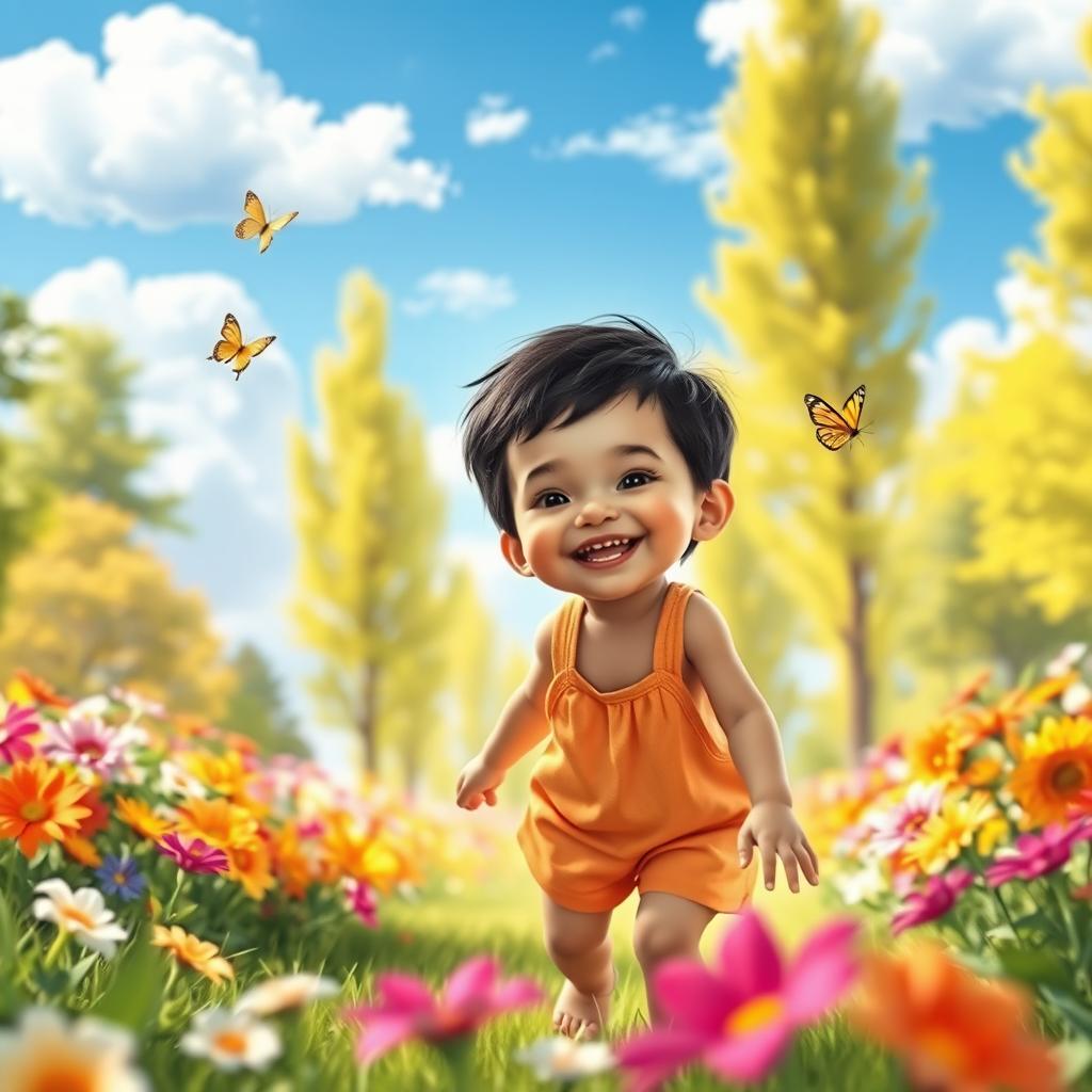 A slender child playing happily in a sunlit park, surrounded by colorful flowers and tall trees