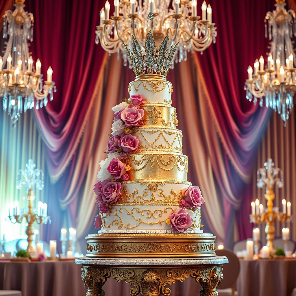 A stunningly extravagant cake designed for a luxury event, featuring multiple tiers adorned with edible gold leaf, diamond-like sugar crystals, and exquisite floral arrangements made of fondant