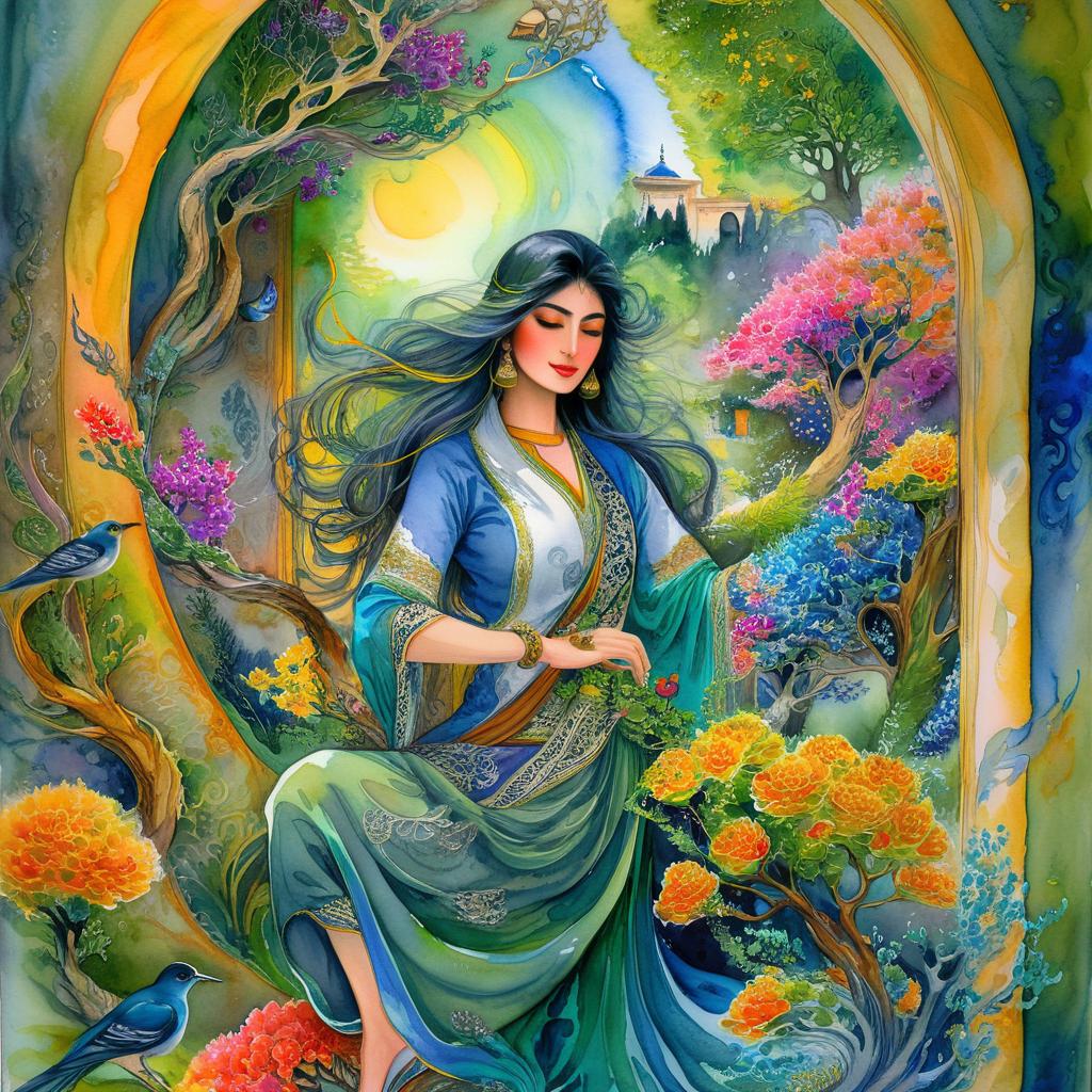 A mystical and spiritual watercolor painting of a beautiful Iranian woman standing inside a beautiful Iranian home amidst a swirl of colorful flowers, a maze of asymmetrical bonsai trees, cypress trees, grapevines, a whirlwind of beautiful little birds, and silk carpets in shades of green, blue, and yellow.