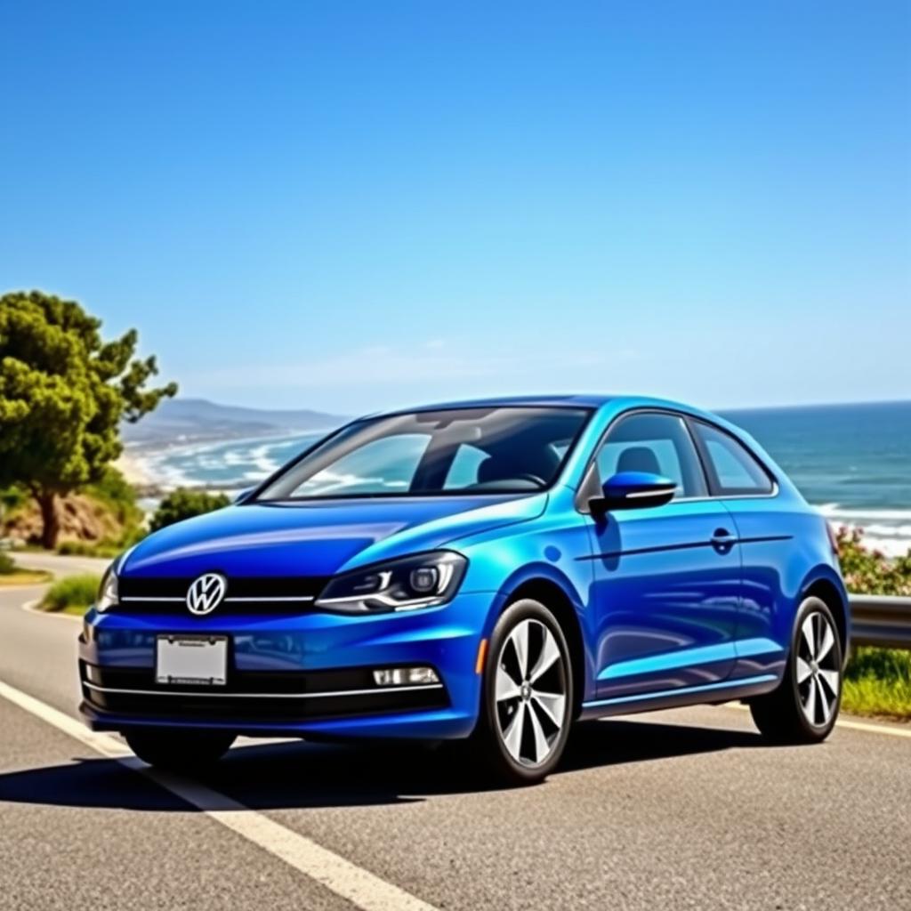 A striking Volkswagen Bora in a vibrant blue color, parked on a scenic coastal road with a backdrop of clear blue skies and gentle waves lapping at the shore