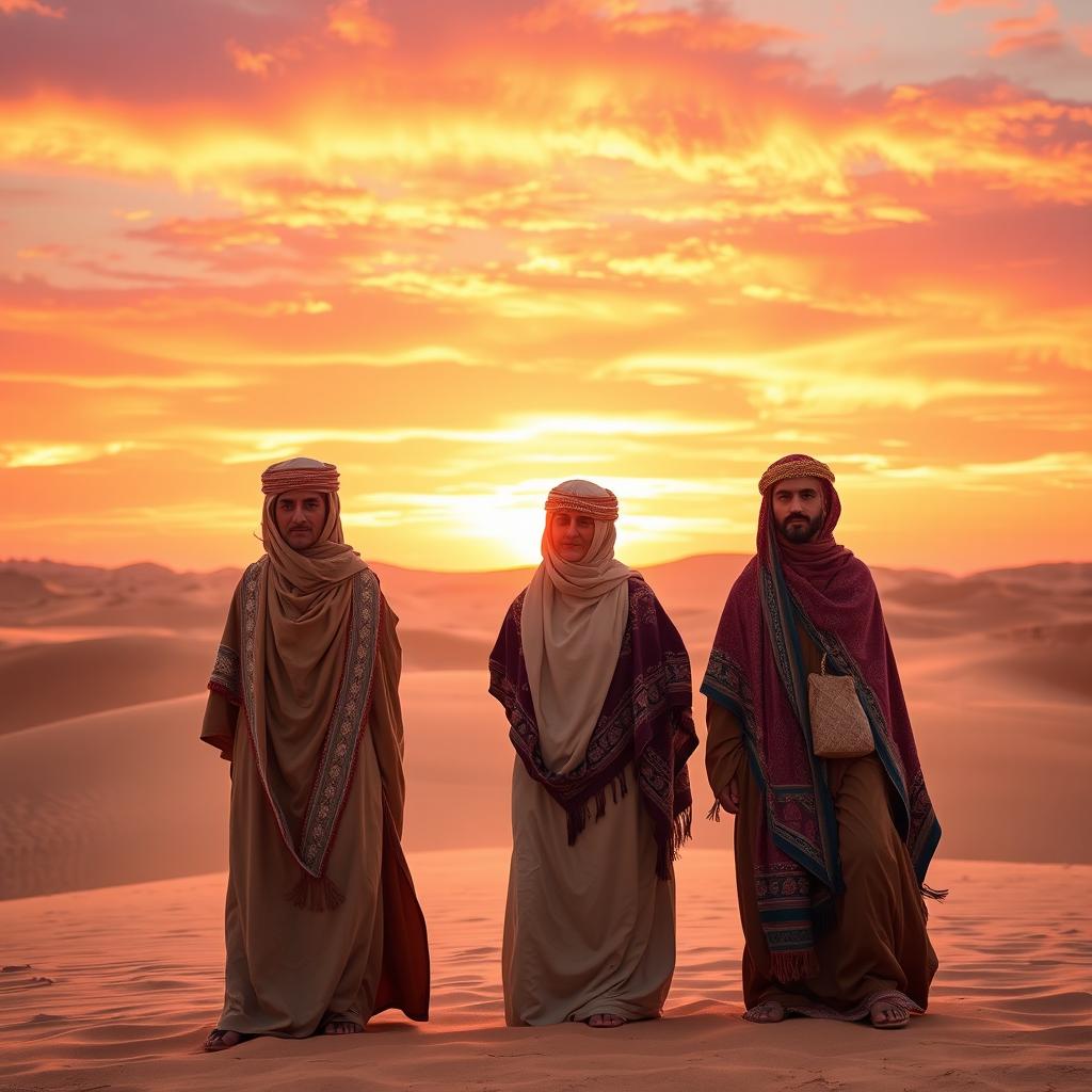 A group of three people dressed in traditional Bedouin attire, featuring long flowing robes in earthy tones, intricately patterned shawls draped elegantly over their shoulders, and decorative headdresses adorned with traditional motifs