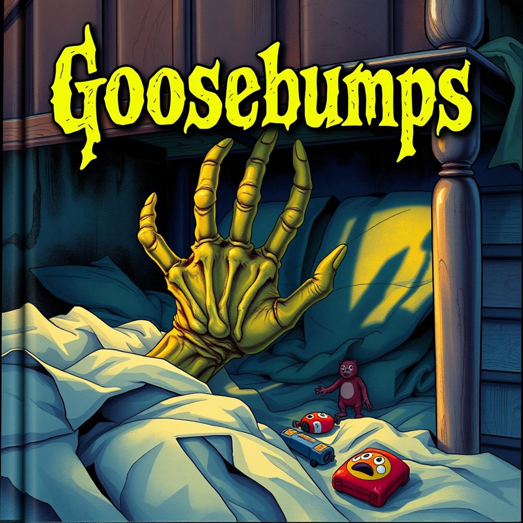 A Goosebumps book cover illustration featuring an undead hand emerging from under a bed