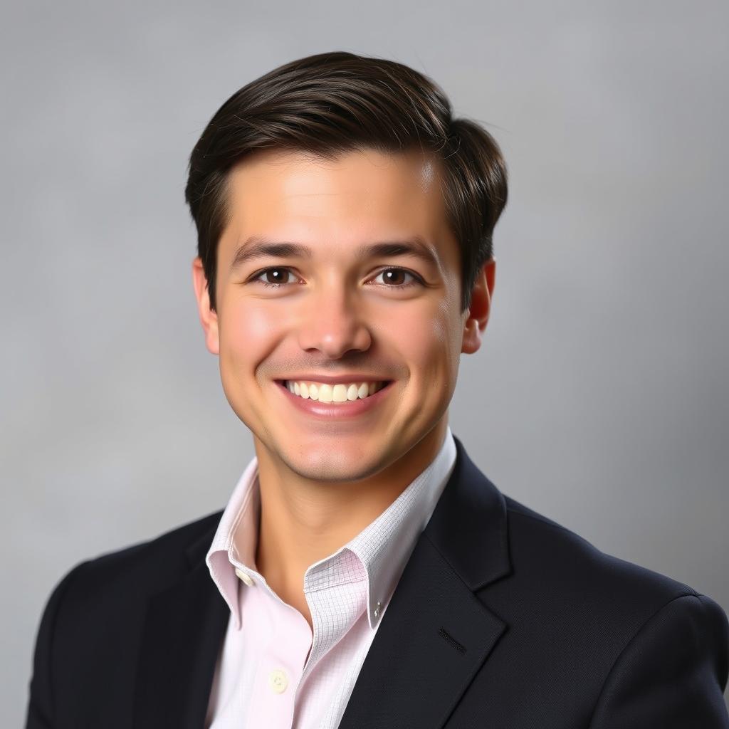 A professional headshot for a resume, featuring a well-groomed individual with a friendly and approachable expression, dressed in smart business attire, ideally a dark suit jacket over a light-colored shirt
