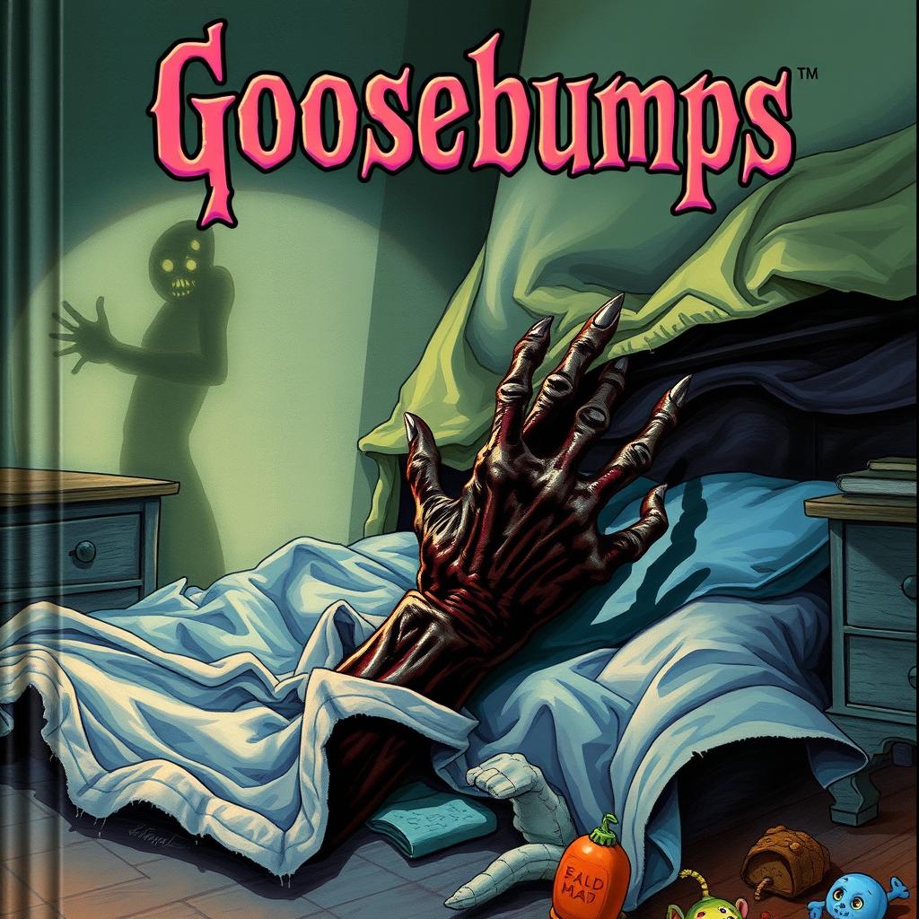 A Goosebumps book cover illustration featuring a horrifying undead hand emerging from beneath a bed