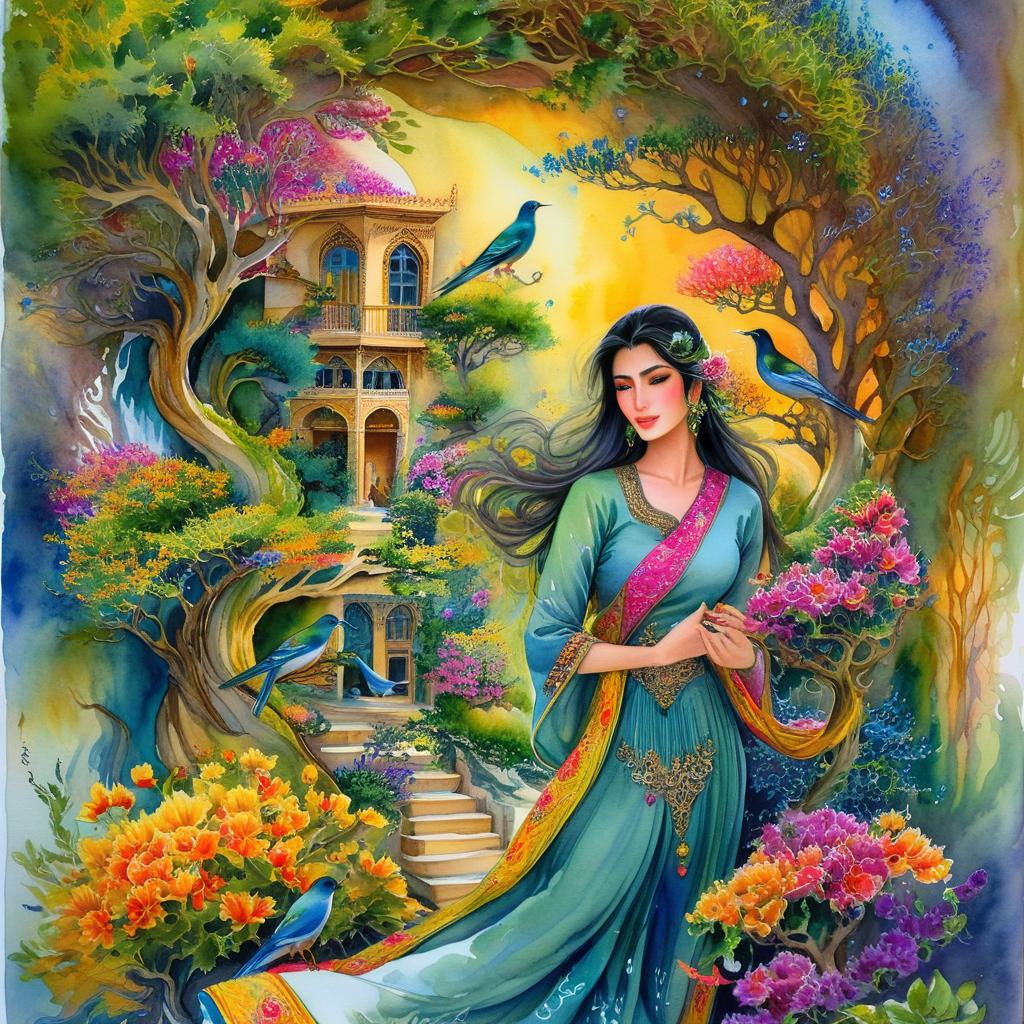 A mystical and spiritual watercolor painting of a beautiful Iranian woman standing inside a beautiful Iranian home amidst a swirl of colorful flowers, a maze of asymmetrical bonsai trees, cypress trees, grapevines, a whirlwind of beautiful little birds, and silk carpets in shades of green, blue, and yellow.