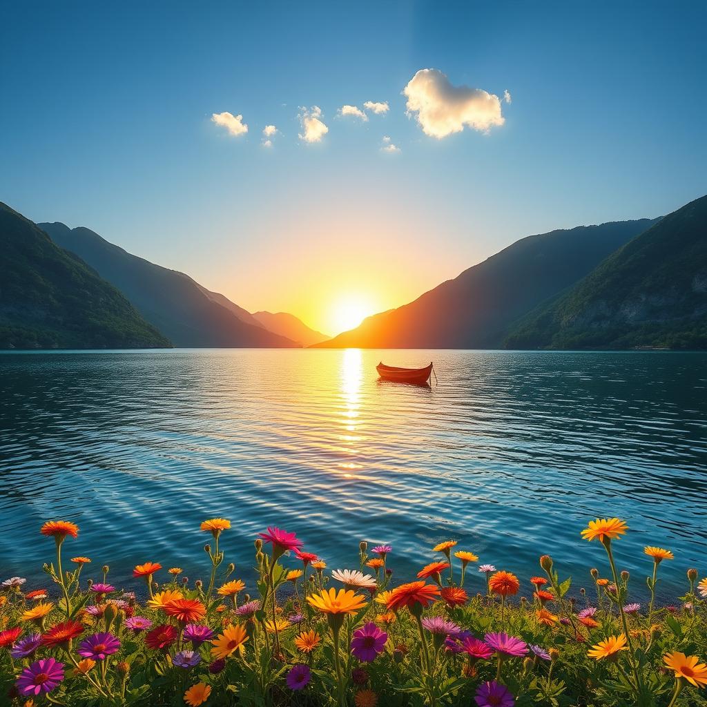 A serene landscape featuring a tranquil lake surrounded by lush green mountains under a clear blue sky