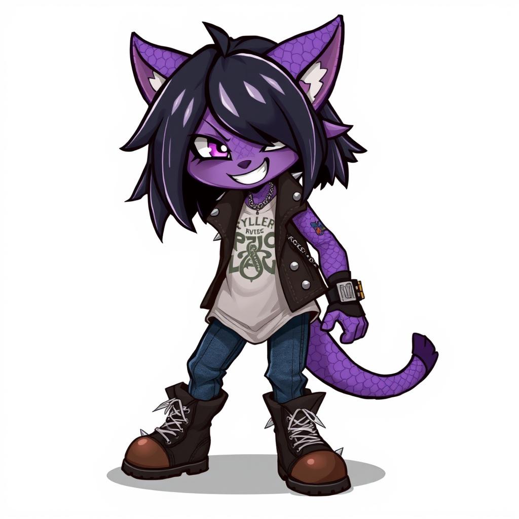 A fierce and stylish furry girl with purple scales, embodying a rocker's essence