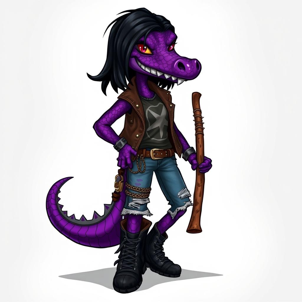 A bold and striking krokodile girl with vibrant purple scales, exuding a rocker vibe