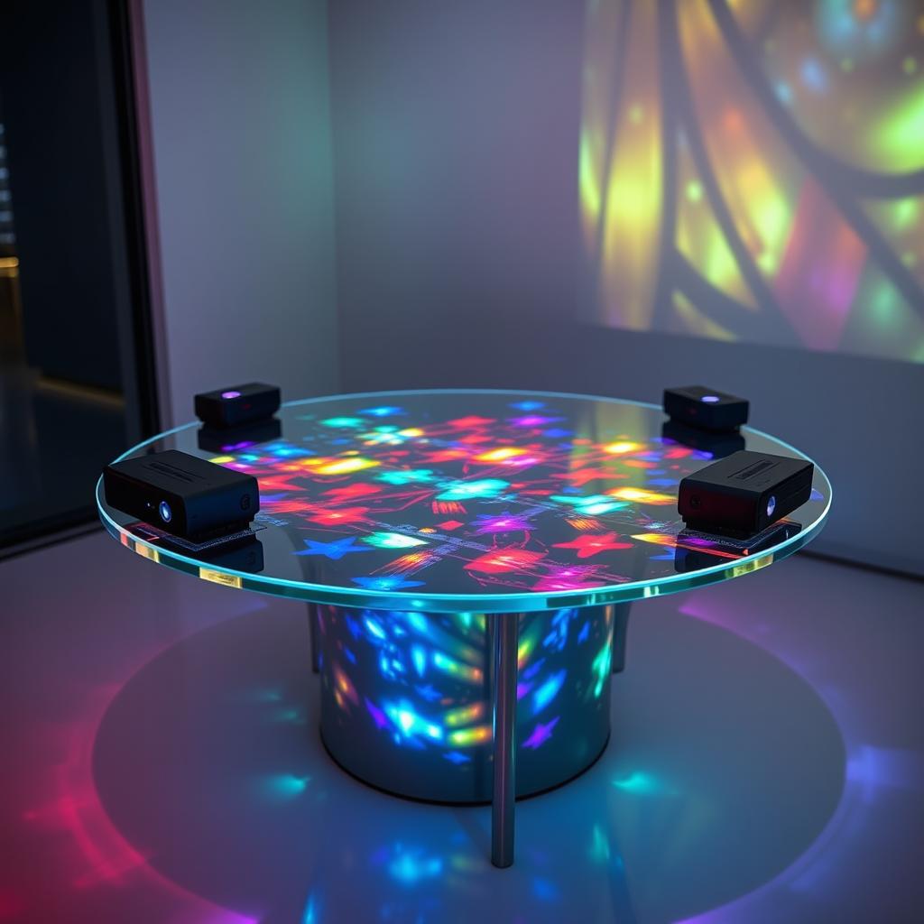 A holographic table with a 1 meter diameter, showcasing a vibrant and dynamic holographic display projected onto it