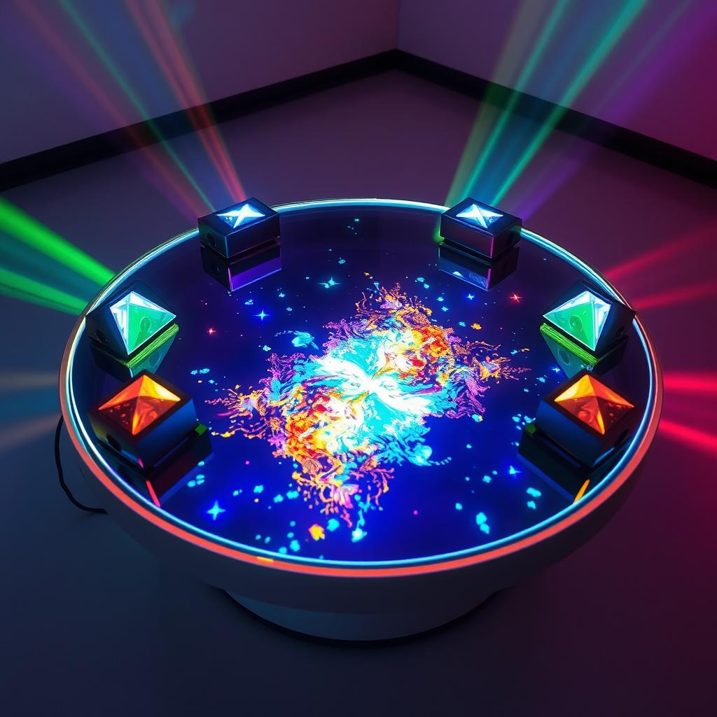 A futuristic holographic table with a diameter of 1 meter, displaying a vibrant and intricate holographic image on its surface