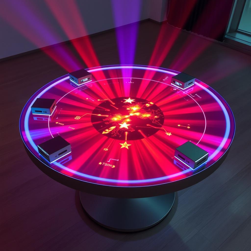 A high-tech holographic table with a diameter of 1 meter, showcasing a captivating holographic image projected at the center