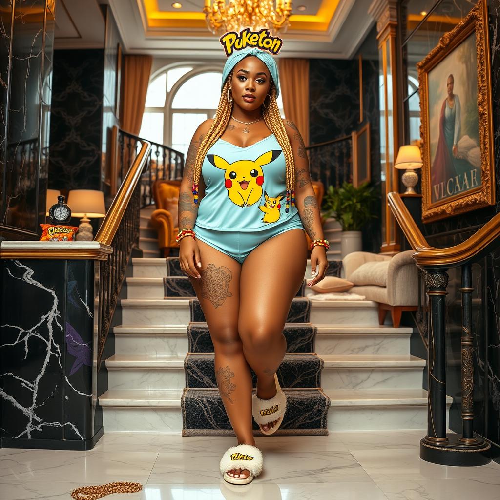 A full-body photo of a thick plus-sized model with chubby legs and wide hips, enhancing her thick curves and plump figure