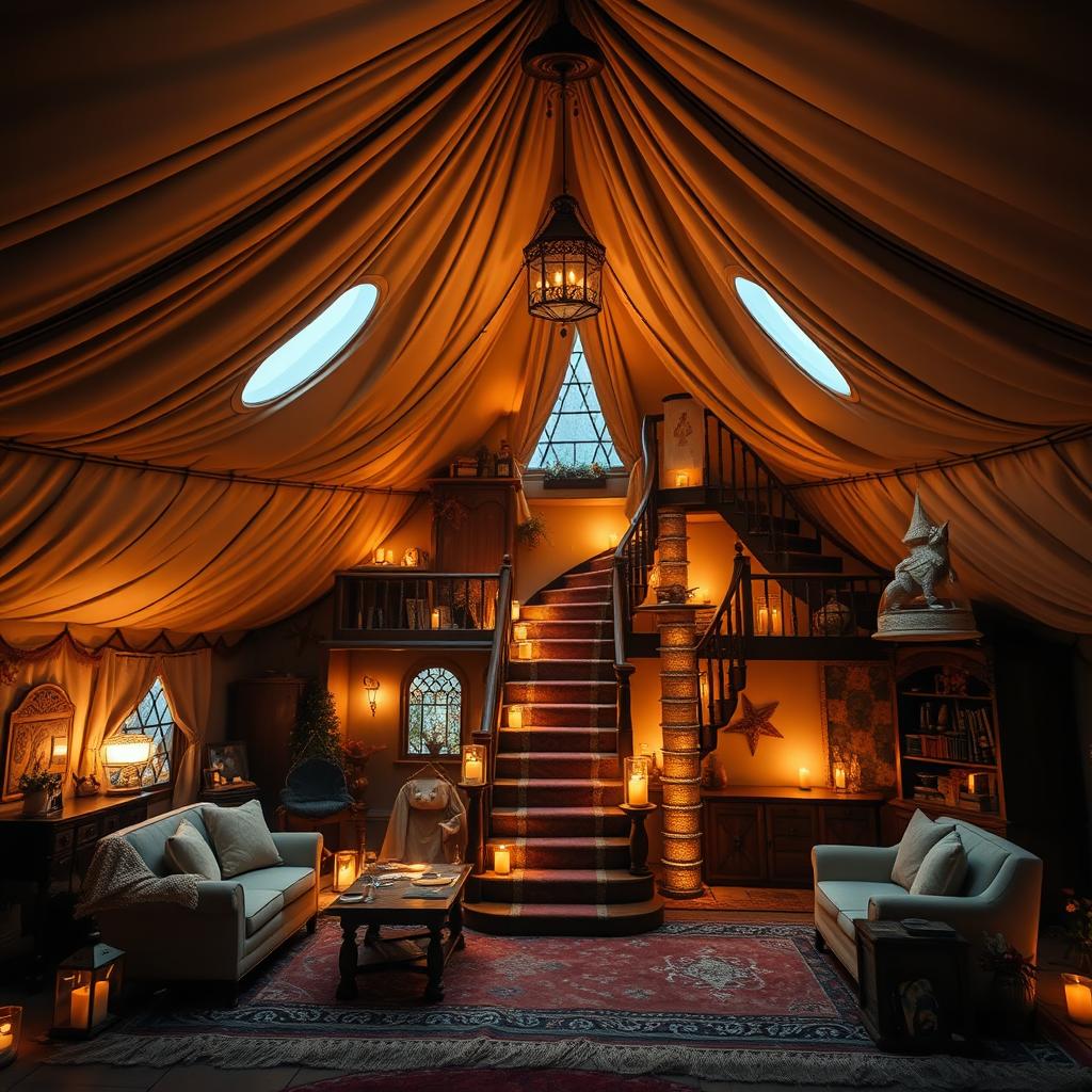 A magical tent resembling a simple tent from the outside, but when viewed from the inside, it reveals a breathtaking three-story interior inspired by the Harry Potter films