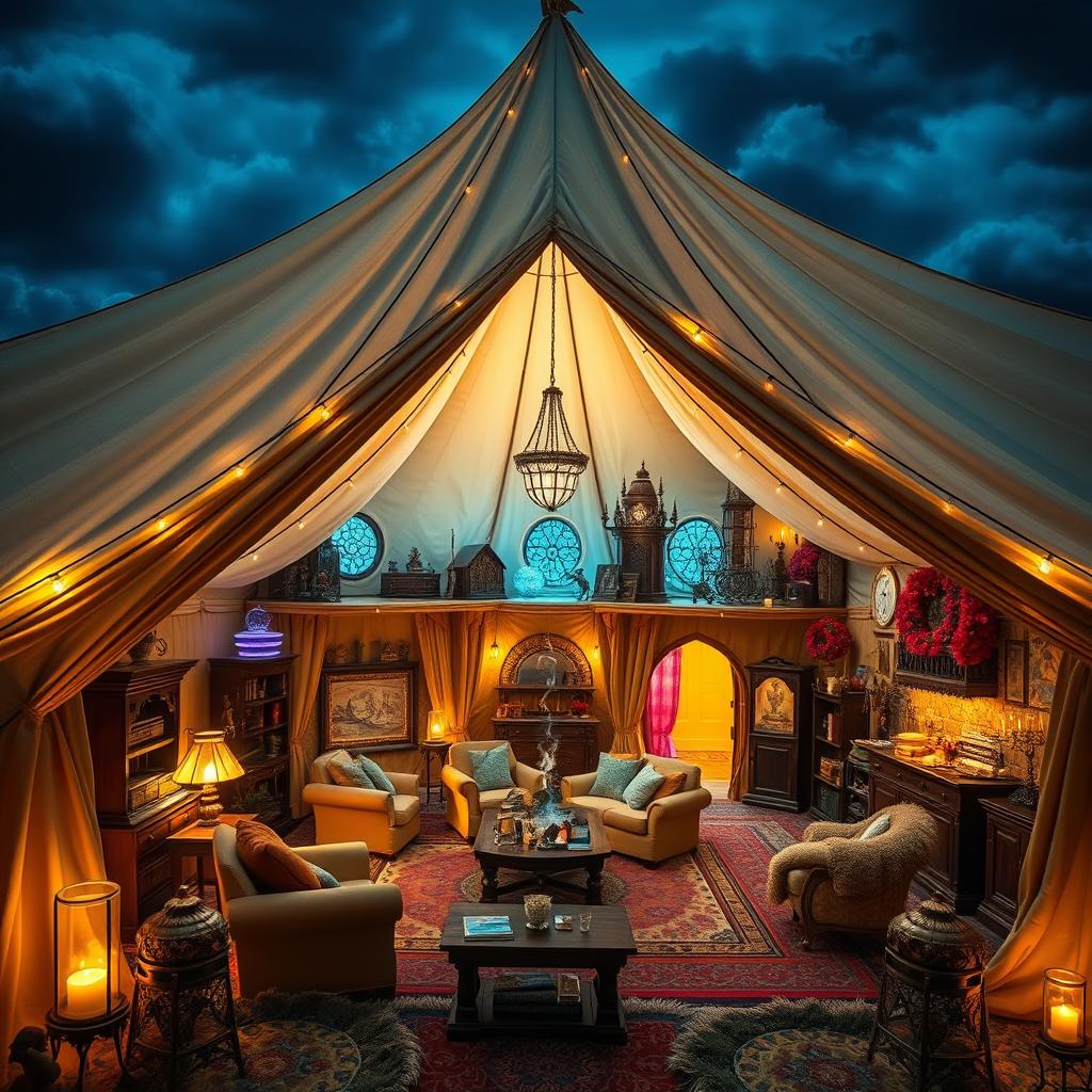 A magical tent resembling a simple cloth tent from the outside, but revealing a stunning three-story interior once entered