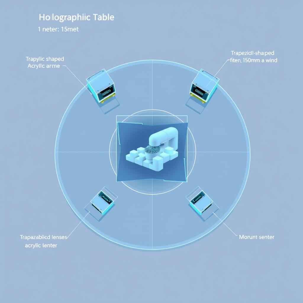 A detailed blueprint of a holographic table featuring a 1 meter diameter