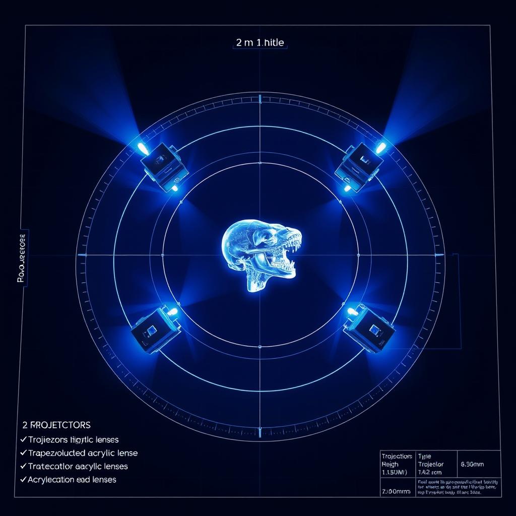 A detailed blueprint of a holographic table featuring a 2 meter diameter surface, showcasing a layout with four projectors positioned strategically to project light towards the center