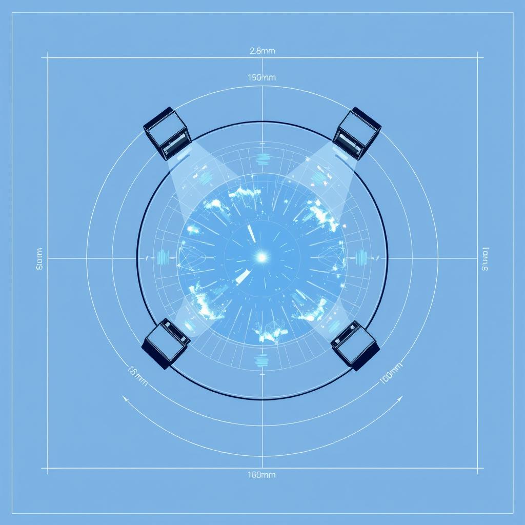 A meticulously crafted blueprint of a holographic table featuring a 2 meter diameter surface