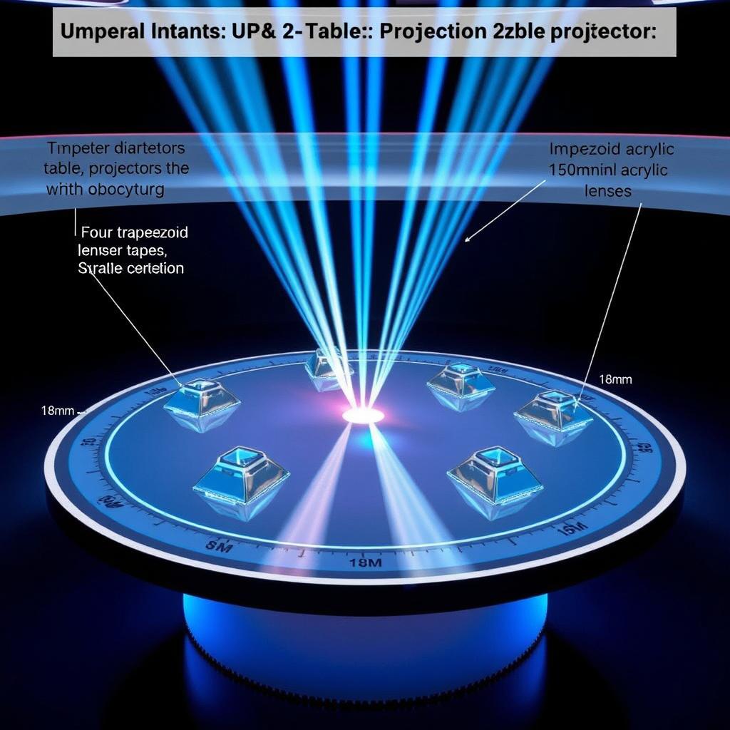 A vibrant visualization of a holographic table with a 2 meter diameter surface, designed to showcase four projectors that project light towards the center