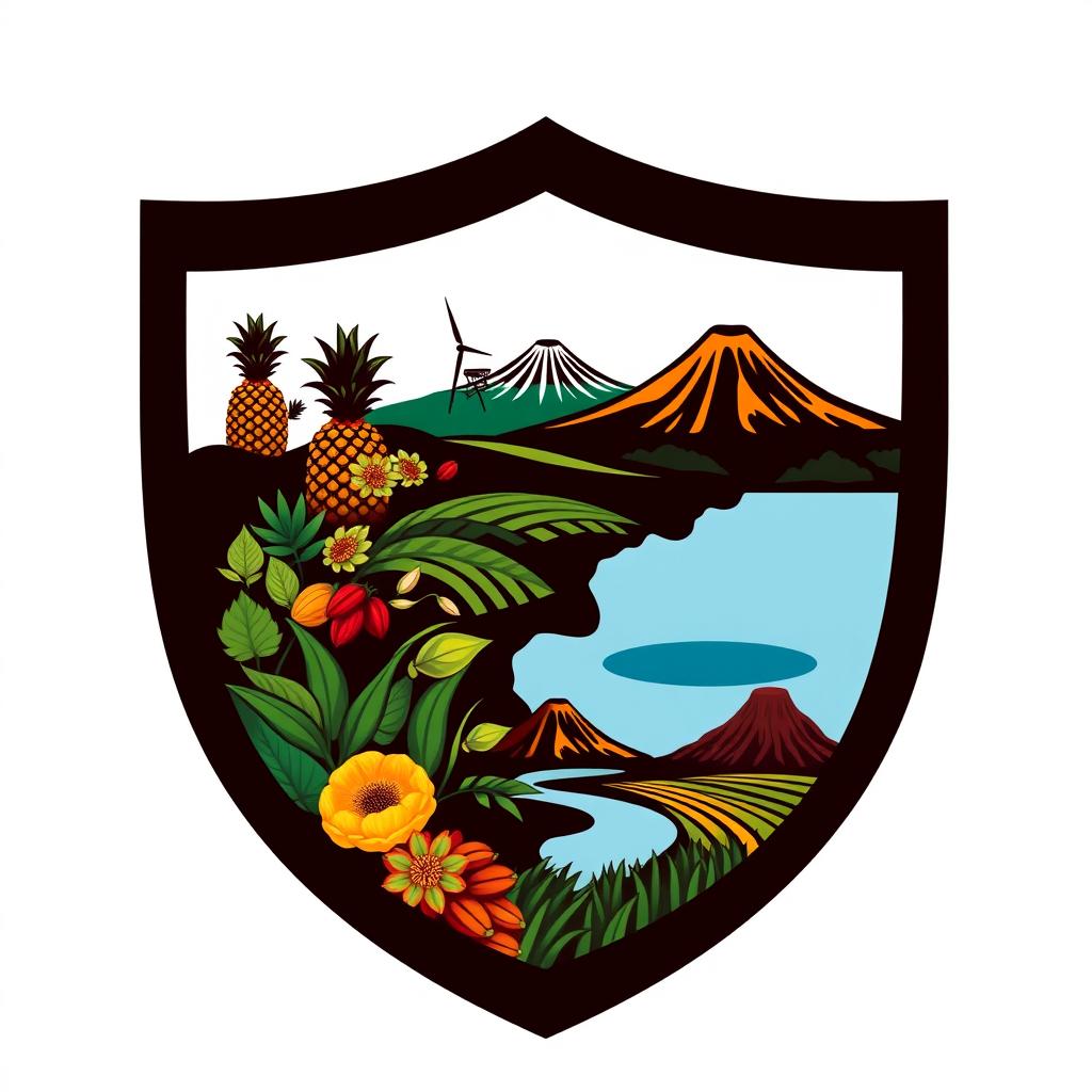 A logo design featuring a shield shape that incorporates the silhouette of the map provided in the reference photo