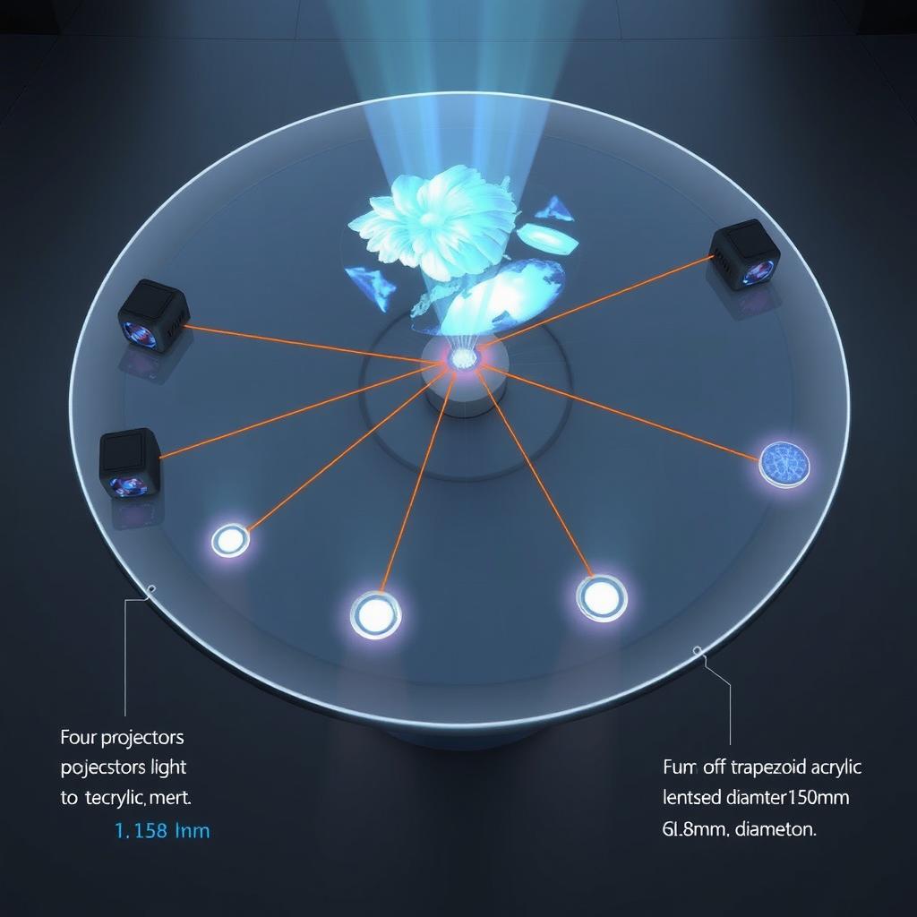 An intricate illustration of a holographic table with a 2 meter diameter surface, featuring four projectors positioned around the table, each directed towards the center