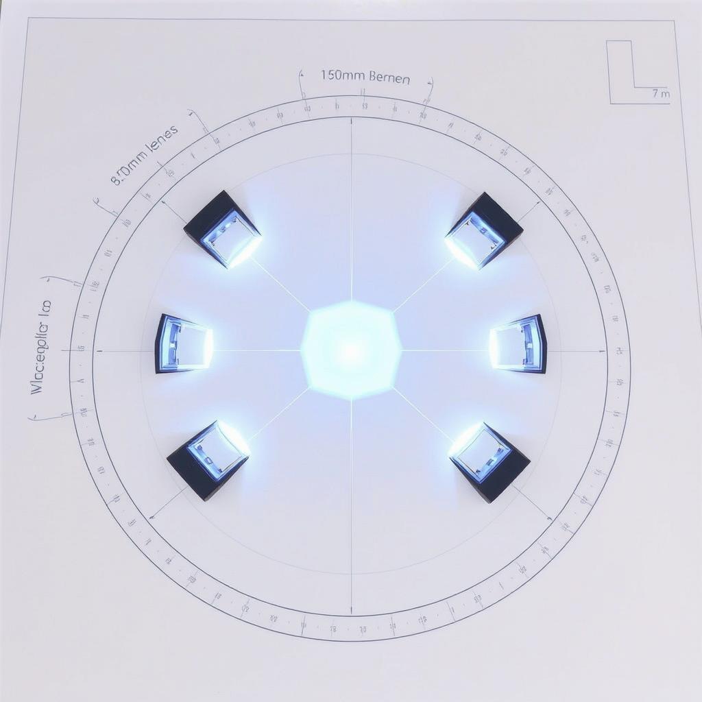 A detailed blueprint of a holographic table featuring a 2 meter diameter surface, showcasing four projectors positioned strategically around the table