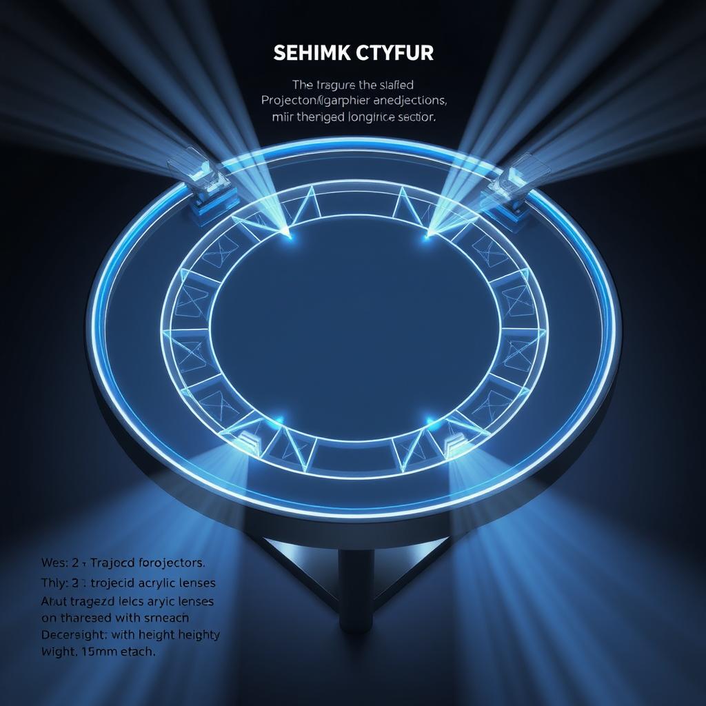 An detailed illustration of a holographic table with a 2 meter diameter surface, featuring four projectors strategically positioned around the table, each directing light towards the center
