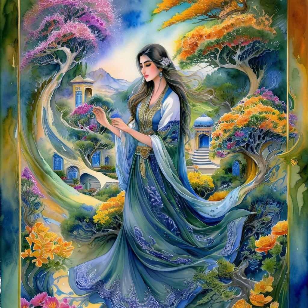 A mystical and spiritual watercolor painting of a beautiful Iranian woman standing inside a beautiful Iranian home amidst a swirl of colorful flowers, a maze of asymmetrical bonsai trees, cypress trees, grapevines, a whirlwind of beautiful little birds, and silk carpets in shades of green, blue, and yellow.