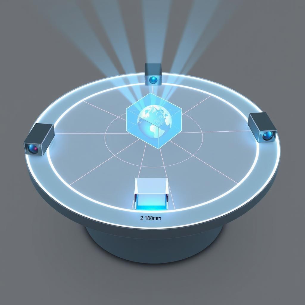 A comprehensive illustration of a holographic table featuring a 2 meter diameter surface, equipped with four projectors that are strategically positioned around the table