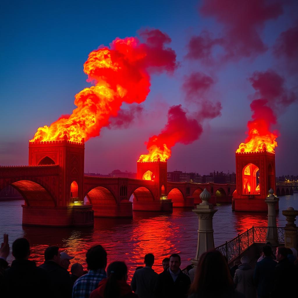 A dramatic scene of thirty-three historic bridges in Isfahan, Iran, engulfed in flames, with vibrant orange and red hues illuminating the night sky